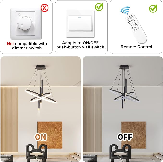 ORANOOR LED Black Modern Chandeliers, Dimmable 24inch Kitchen Pendant Light | Dining Room Light Fixtures Ceiling Hanging Over Table, 2 Ring Round Chandelier for Bedrooms Living Room, LED Pendant Lamp 75W - Image 6