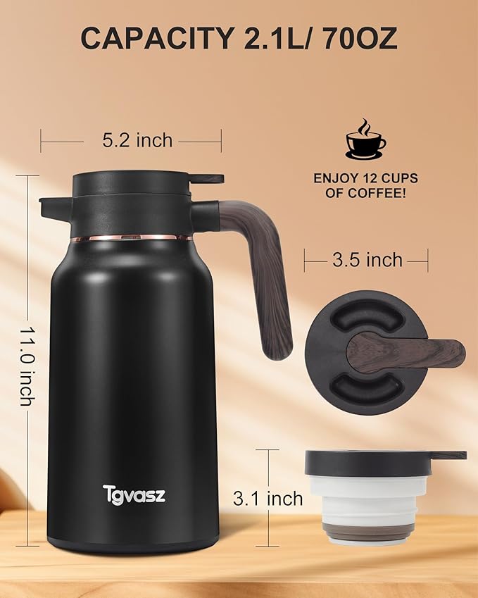 2 PCS Thermal Coffee Carafe 70 oz - 36 Hour Stainless Steel Carafes for Hot Liquids-Insulated Coffee Carafes For Keeping Hot/Cold Coffee, Tea, (Black+Gold)