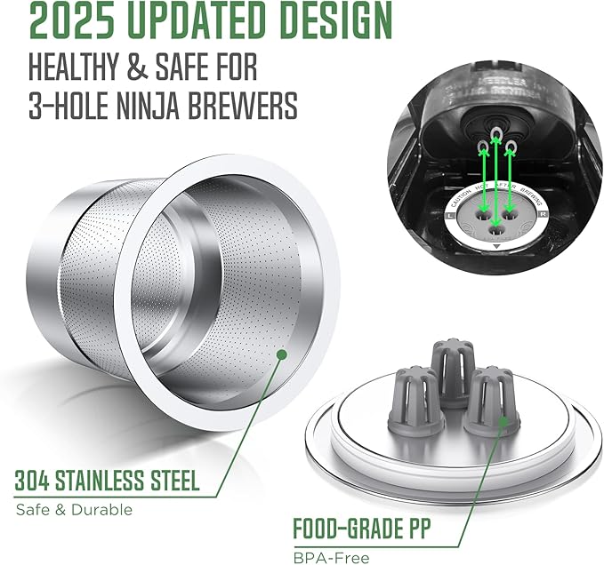 Ninja Reusable Coffee Pod: VIVI SKY Upgraded Stainless Steel Permanent Refillable Ninja K Cups - 3 Holes Coffee Filters For Ninja Coffee Maker CFP201 CFP300 CFP301 CFP305 CFP307 CFP400 (1 Pack)
