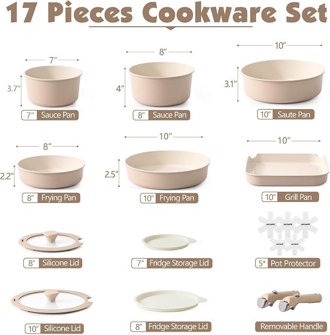 SENSARTE 17 Piece Ceramic Detachable Handle Pots and Pans Set Almond Beige | Ceramic Cookware Set, Induction Cookware Set with Removable Handle, Healthy Non Stick for RV, Dishwasher ＆ Oven Safe - Image 2