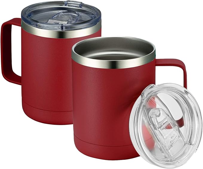 MEWAY 12oz Coffee Mug With Handle 2 Pack Bulk,Stainless Steel Insulated Travel Tumblers With Sliding Lid,Double Wall Vacuum Camping Cup for Hot & Cold Drinks Tea (Red,Set of 2) by MEWAY