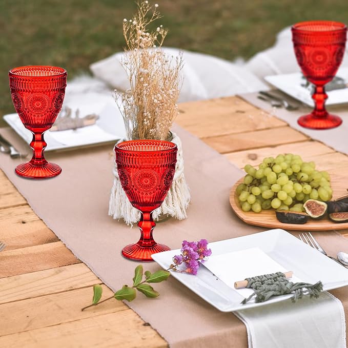 Red Vintage Wine Glasses Set of 6, 10 Ounces Colored Glass Water Goblets, Unique Floral Embossed Pattern High Clear Stemmed Glassware Wedding Party Bar Drinking Cups Fancy Glasses Hand Wash Only - Image 4