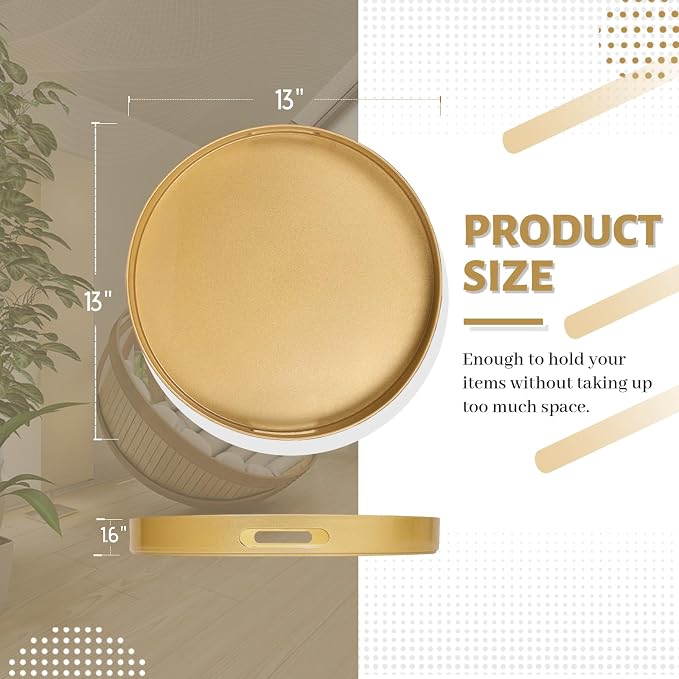 MAONAME 13" Gold Decorative Tray, Plastic Round Serving Tray with Handles | Decorative Tray for Coffee Table, Modern Ottoman Tray, Circle Tea Tray, Round Melamine Tray for Living Room, Bathroom - Image 2