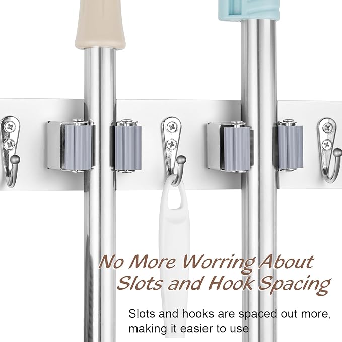 OUTNILI Mop and Broom Holder Wall Mount - White Broom Mop Hanger - Wall Mounted Garden Tool Rack Organizer for Closet Garage Laundry Room Kitchen Decor With 5 Slots & 4 Hooks - Image 4