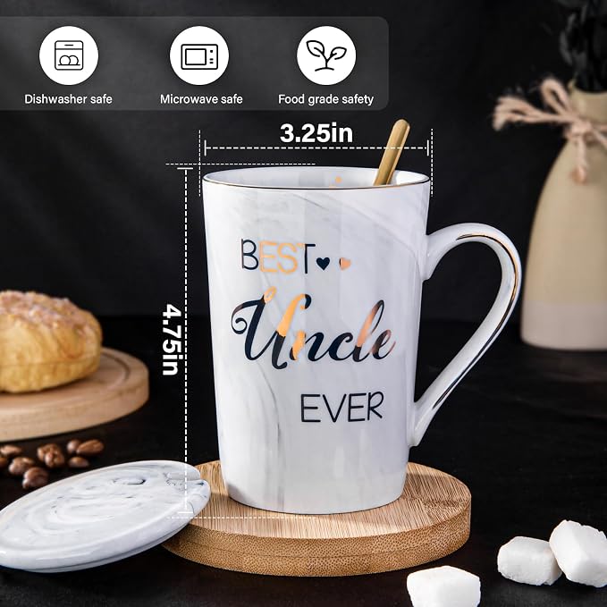 Best Uncle Birthday Gifts from Nephew Niece, Uncles Valentines Gift, Fathers Day Announcement Presents - 14oz Grey Marble Ceramic Gold Print Uncle Mug, with Lid, Spoon, Greeting Card, Nice Gift Boxed - Image 2