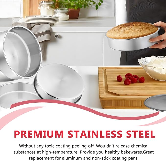 P&P CHEF 8 Inch Cake Pan Set of 4, Stainless Steel Round Cake Pans Tins | Baking Round Cake Bakeware for Birthday Wedding, Leak-proof & Mirror Finish & Easy Releasing, Dishwasher Safe - Image 3