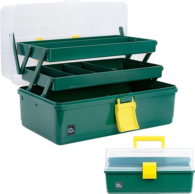 Creahaus 13 inch Art Craft Organizer Storage Box with 3 Layer, Multipurpose Plastic Tool Box with Handle for Sewing, Art Supply, Medicine, Nail, Hair Accessories (Dark Green)