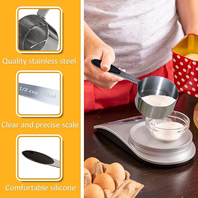 1PCS 1/2Cup (118ml, 4oz) Single Measuring Cup with Black Silicone Grip, Stainless Steel Individual Measure Scoop Only