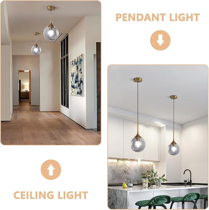 KCO Lighting 2 Pack Brass Gold Small 7.1” Smoky Glass Globe Pendant Lights | E26 Adjustable Cord for Sloped Ceilings, Mid Century Modern Gold Hanging Light Fixture for Kitchen Island Sink Dining Table - Image 3