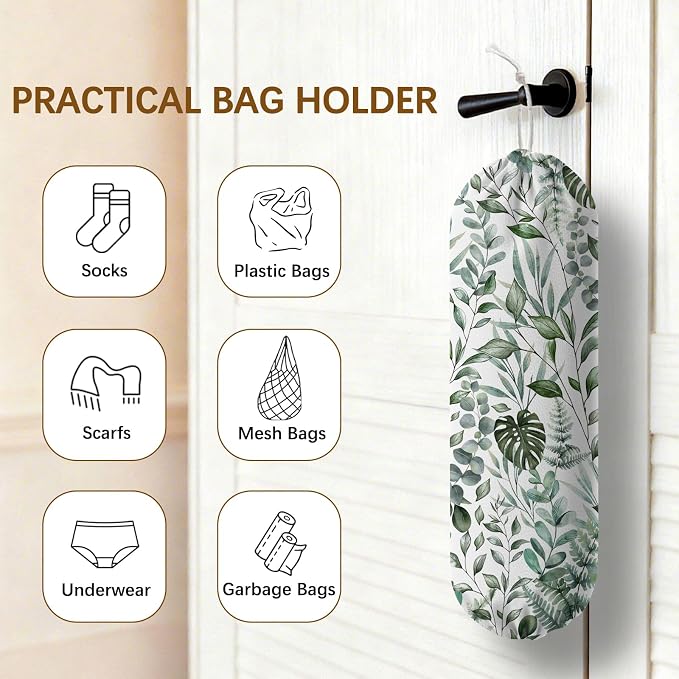 Plant Plastic Bag Holder, Wall Mount Organizer for Reusable Canvas Grocery Bags, Plants Hanging Plastic Bag Dispenser, Green Leaves Shopping Bags Storage Dispenser Decorative Home Kitchen Pantry Decor - Image 4