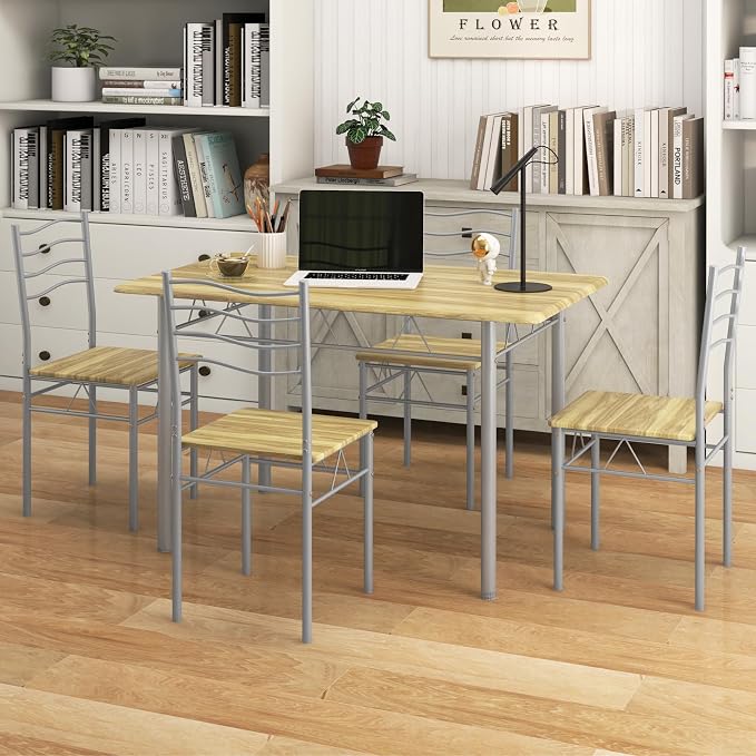 Giantex 47-inches Dining Table Set for 4, Rectangular Kitchen Table with 4 Dining Chairs, Metal Frame, 5-Piece Space-Saving Dinette Set for Small Space, Dinner, Breakfast Nook, Apartment, Natural - Image 8