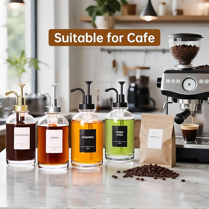 STARSIDE Coffee Bar Accessories 4 Pack - 16.9 oz/500 ml Glass Syrup Dispenser with Leakproof Gold Curved Pumps for Home Coffee, Cafes, Cocktails - Includes 31 Printed Labels, 5 Blank Labels