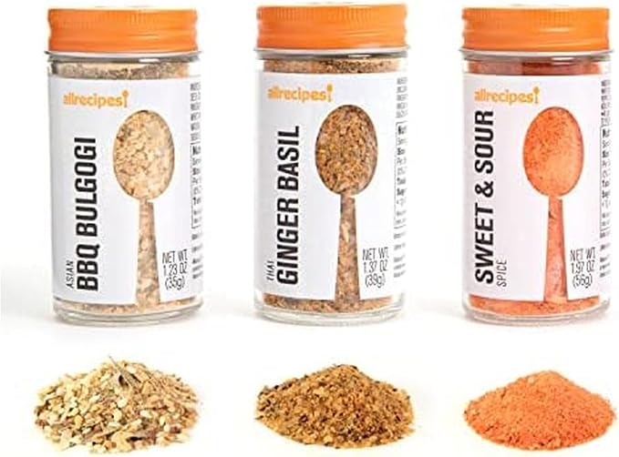 Allrecipes Asian Spice Blends (Asian BBQ Bulgogi, Sweet and Sour, Thai Ginger Basil) in Glass Jars with Removable Sifter Caps for Sprinkling, Set of 3, Clear, 9.63 x 6.13 x 2-Inch by Allrecipes