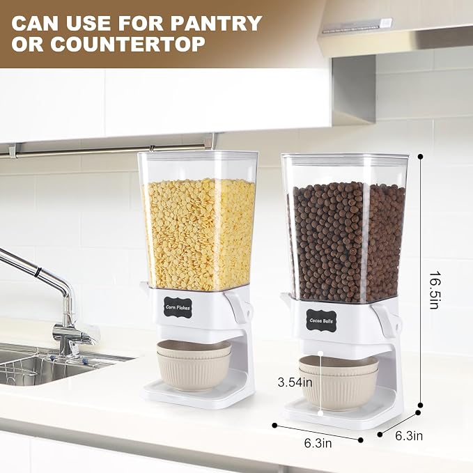 Cereal Dispenser Countertop with Cereal Bowls,16 Labels & Pen, Cereal Containers Storage, Candy Dispenser, Dry Food Dispenser For Pantry - Not Easy to Crush Food (White, 2 Pack) - Image 3