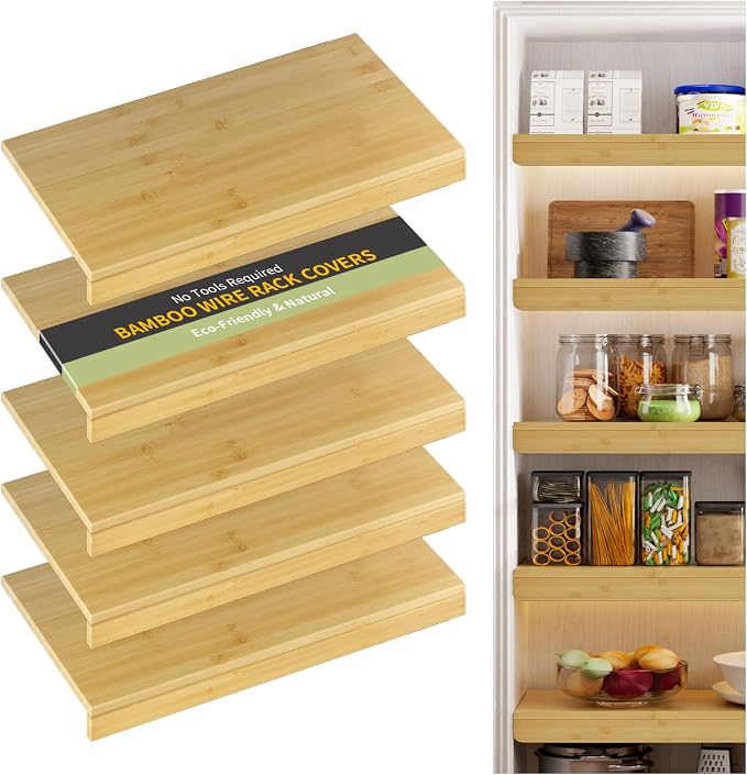 Wire Shelf Covers, Bamboo Wire Rack Covers for Pantry, Closet，Kitchen (5pcs, 30" W x 16" D, Natural) by ClimbHope