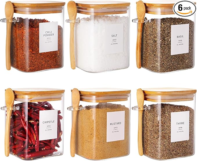 HHMJSM 6 Pcs Square Glass Jar with Bamboo Lid and Spoon - 27 oz Large Sugar Container with 148 Kitchen Pantry Spice Jar Labels Preprinted - Glass Containers with Wooden Lids Hold Coffee, Tea, Candy by HHMJSM