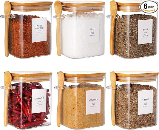HHMJSM 6 Pcs Square Glass Jar with Bamboo Lid and Spoon - 27 oz Large Sugar Container with 148 Kitchen Pantry Spice Jar Labels Preprinted - Glass Containers with Wooden Lids Hold Coffee, Tea, Candy by HHMJSM