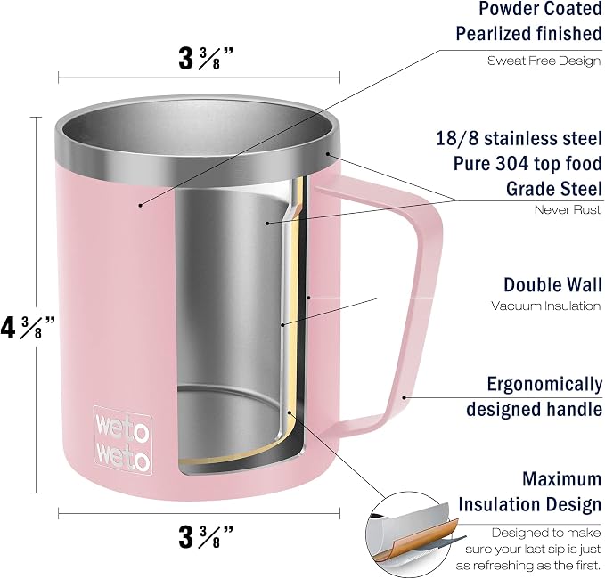 WETOWETO 14 oz Coffee Mug, Vacuum Insulated Camping Mug with Lid, Double Wall Stainless Steel Travel Tumbler Cup, Coffee Mugs Outdoor, Powder Coated Ice Pink - Image 3