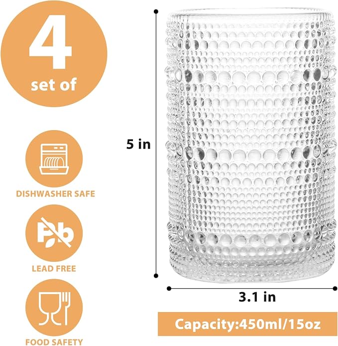 Set of 4 Hobnail Drinking Glasses, 15 oz, Vintage Jupiter Drinking Glasses,Embossed Old Fsahioned Glassware for Beer,Water,Juice,Cocktail,Whiskey,Gift (Clear, Large) - Image 2