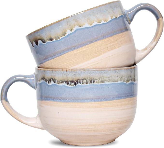 Bosmarlin Large Ceramic Coffee Mug Set of 2, Stoneware Jumbo Latte Mugs for Office and Home, 16 Oz, Dishwasher and Microwave Safe(Blue, 2) by Bosmarlin