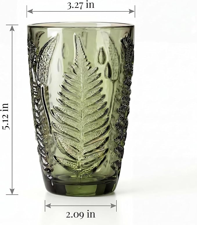 Green Drinking Glasses Set of 4, 12 oz Glass Cups, Vintage Fern Glassware | Hand-Pressed, Dishwasher Safe, Boho Leaf-Textured Drinkware, Embossed Highball Tumblers for Water, Retro Kitchen Gift - Image 8