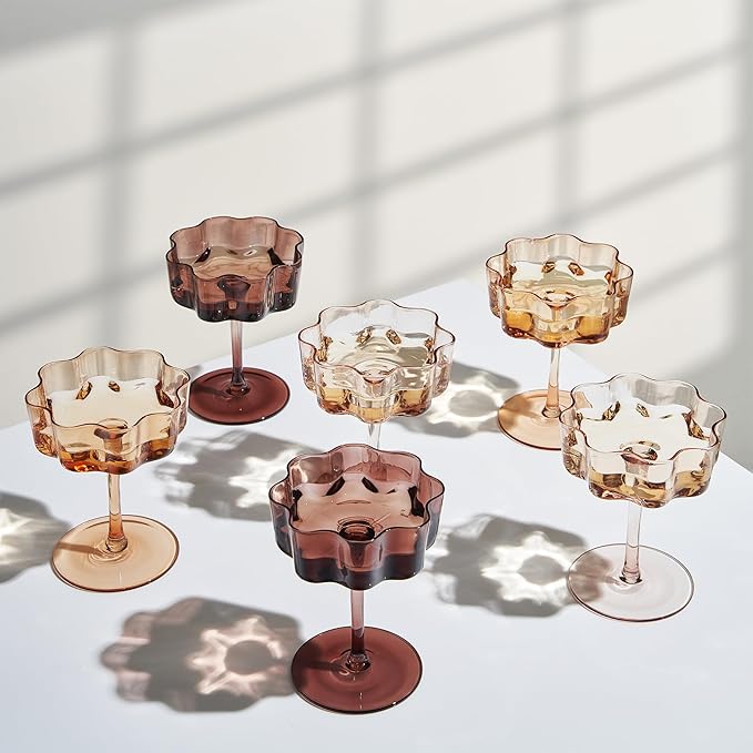 Venus Flower Scalloped Vintage Wavy Petals Wave Glass Coupes 7oz Colorful Martini, Champagne & Cocktails, 6 Set Brown Amber Shades Rippled Champagne Glasses, Elegant Bar Glassware, Aesthetic Coupe by Khen