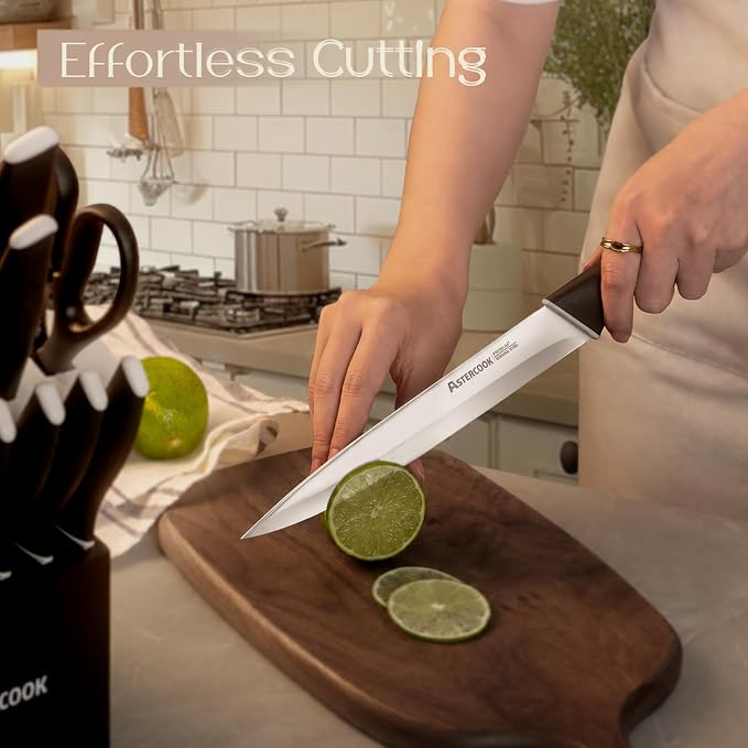 Astercook Knife Set, Kitchen Knives with Block and Sharpener 15 Pcs German Stainless Steel Knives Sharp Blade Dishwasher Safe Deba Knives with Ergonomic Handle, Elegant Black - Image 6