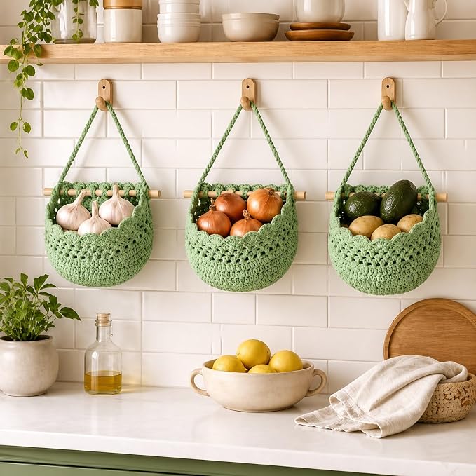 Honeydak Boho Decor Hanging Wall Baskets for Kitchen 3 Pack Teardrop Baskets with Hooks Storage Fruit Onion Vegetable Potato for Home(Sage Green,Lace,Cotton Rope) - Image 2
