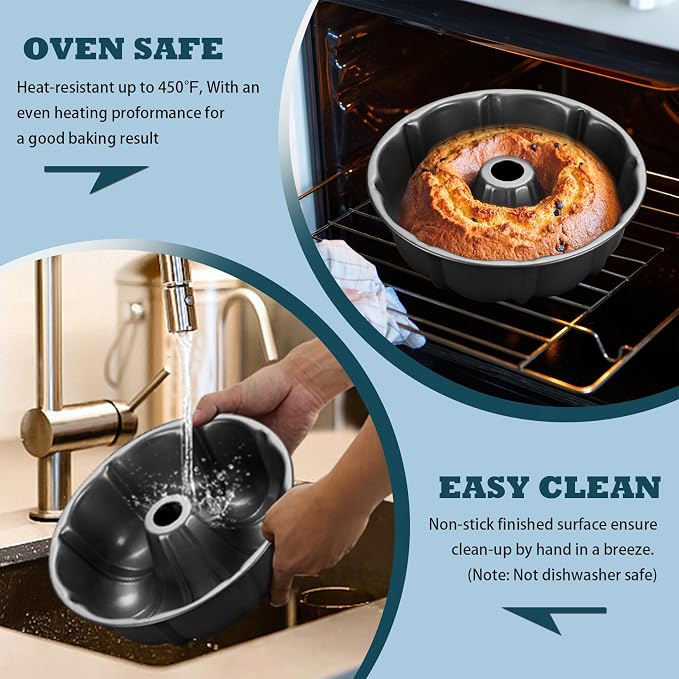 P&P CHEF 10 Inch Gray Non-stick Cake Pan, Carbon Steel, 2 Pieces | Fluted Tube Round Baking Pan for Pound Cake, 10-Cup Large Capacity Bakeware, Healthy & Heavy Duty - Image 6