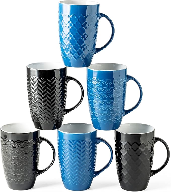 AmorArc Large Coffee Mugs Set of 6, 20oz Ceramic Tall Coffee Mugs Set with Textured Geometric Patterns for Latte/Tea/Beer/Hot Cocoa, Dishwasher & Microwave Safe, Multi by AmorArc