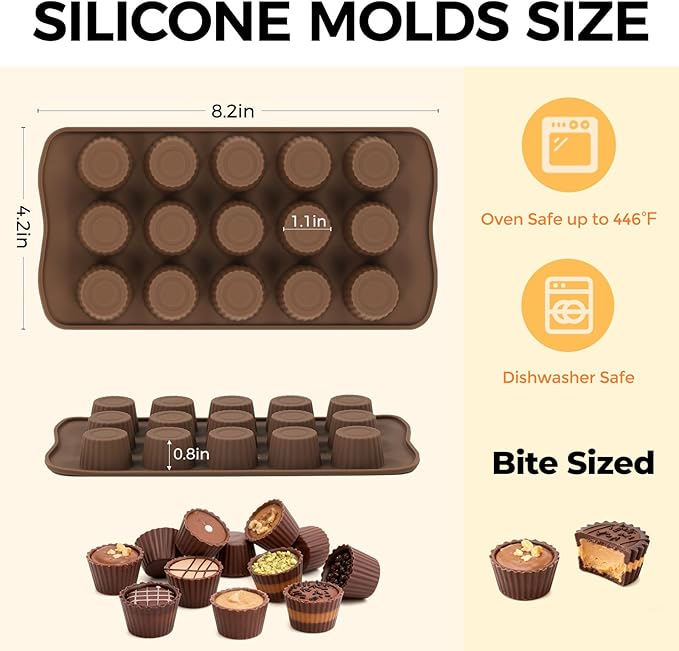 Mini Peanut Butter Cup Mold, 15 Cavity Chocolate Candy Molds, Silicone Baking Mold for Snack Size Mini Peanut Butter Cup, Jelly, and Cordial, Pack of 2