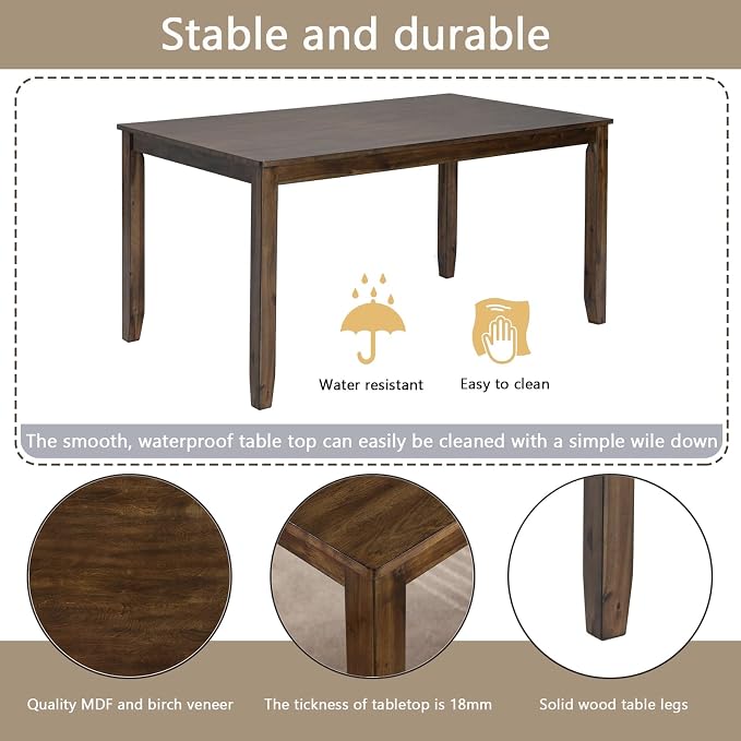 6-Piece Dining Table Set with Bench and Chairs - Solid Wood Kitchen Dining Room Table Set in Farmhouse Rustic Style, Table Set for 6 with 4 Chairs and Bench Seat.(Walnut_Large) - Image 5