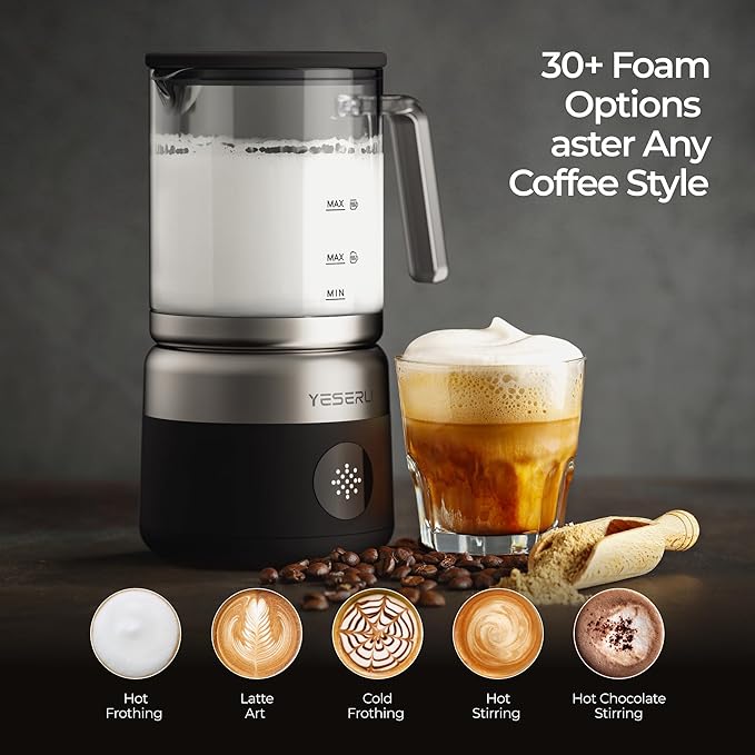 5-in-1 Split Glasscup Milk Frother, 14oz One-Touch Foam Maker & Stermer for Latte/Cappuccino/Hot Chocolate, 600W Automatic Milk Warmer & Cold Froth, Detachable Dishwasher-Safe Glasscup