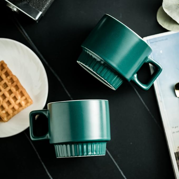 Miamolo Stackable Coffee Mugs Set of 4 with Holder Spoons 11oz Ceramic Cappuccino Cups for Espresso Latte Tea Drinks, Father's Day,Dishwasher & Microwave Safe, Green - Image 6