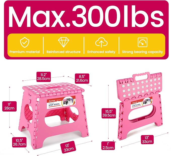 ACSTEP 11" Folding Step Stool for Kids, Holds 300 lb Foldable Stools, Pink | Heavy Duty Collapsible Foot Stool, Lightweight with Built-in Handle, Non-Slip for Adults Kitchen Bathroom Bedroom Outdoor - Image 4