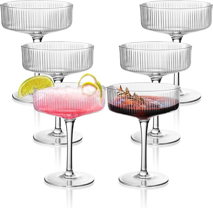 Montex Ribbed Coupe Glasses Set of 6, 10 oz Crystal Espresso Martini Glasses, Vintage Cocktail Glassware for Champagne, Margaritas, Manhattan, Home Bar & Gifts by Montex