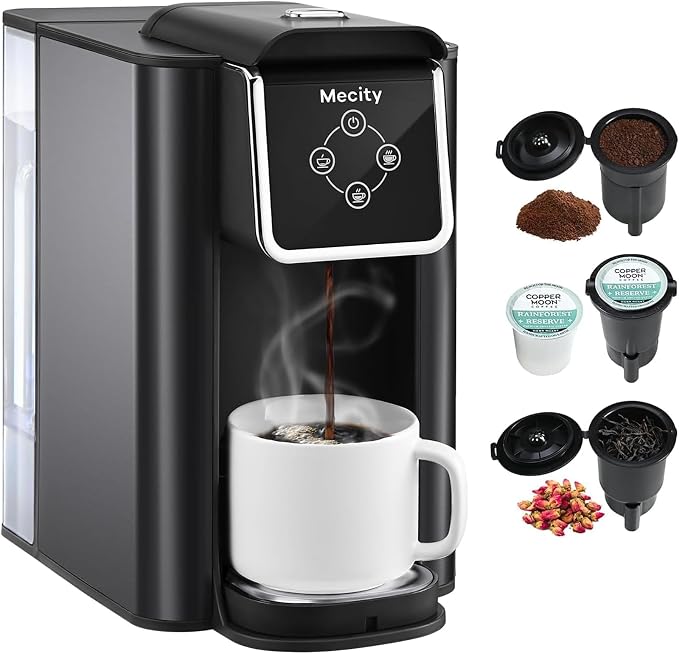 Mecity Coffee Maker 3 in 1 Single Serve Coffee Machine, Compatible with K cup Capsules, Instant Coffee Pot, Tea maker, 6,8,10 Oz Cup, Removable 50 Oz Water Reservoir, 120V 1150W, Dark Grey by Mecity