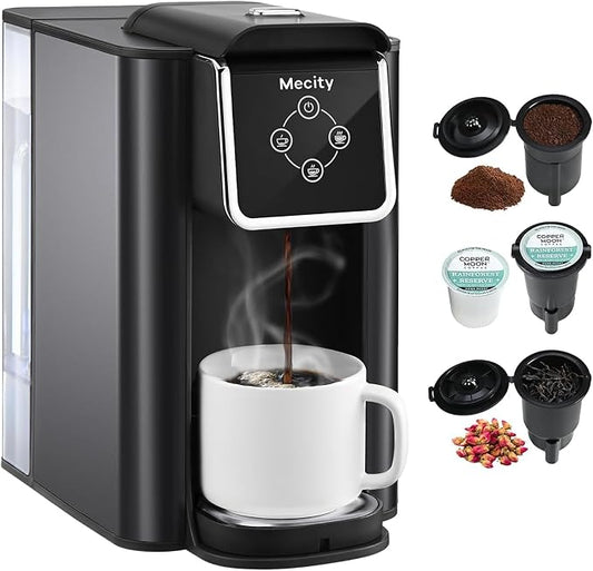 Mecity Coffee Maker 3 in 1 Single Serve Coffee Machine, Compatible with K cup Capsules, Instant Coffee Pot, Tea maker, 6,8,10 Oz Cup, Removable 50 Oz Water Reservoir, 120V 1150W, Dark Grey by Mecity
