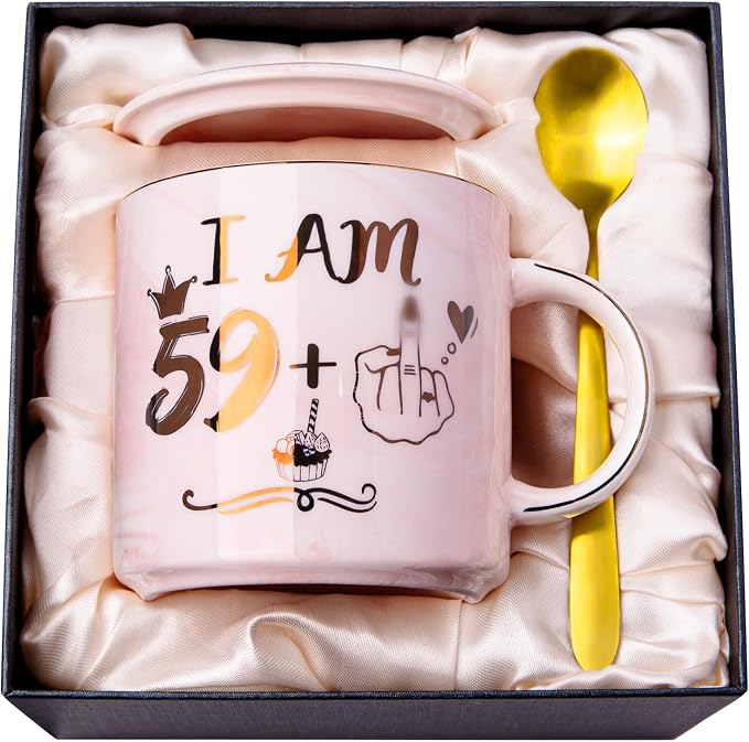 Funny 60th Birthday Coffee Mug for Women - 14oz Pink Marble Ceramic Mug, Playful Gold 59 Plus 1 Hand Design - Hilarious Turning 60 Year Old Gift for Mom, Sister, Best Friend, Wife, Neighbor, Colleague by ALBISS