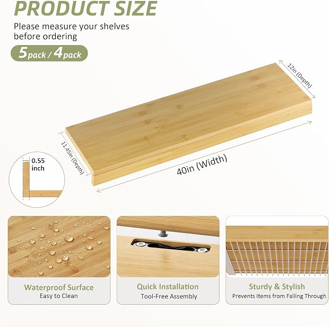 Wire Shelf Covers, Bamboo Wire Rack Covers for Pantry, Closet, Kitchen (5pcs, 40" W x 12" D, Natural) - Image 2