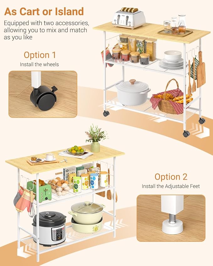 Kitchen Island with 3 Shelves, Rolling Kitchen Cart with 6 Hooks and Protective Shelf, Microwave Stand on Lockable Wheels, Bakers Rack Coffee Bar for Dining, Living Room, Outdoor, Metal Frame, White - Image 5