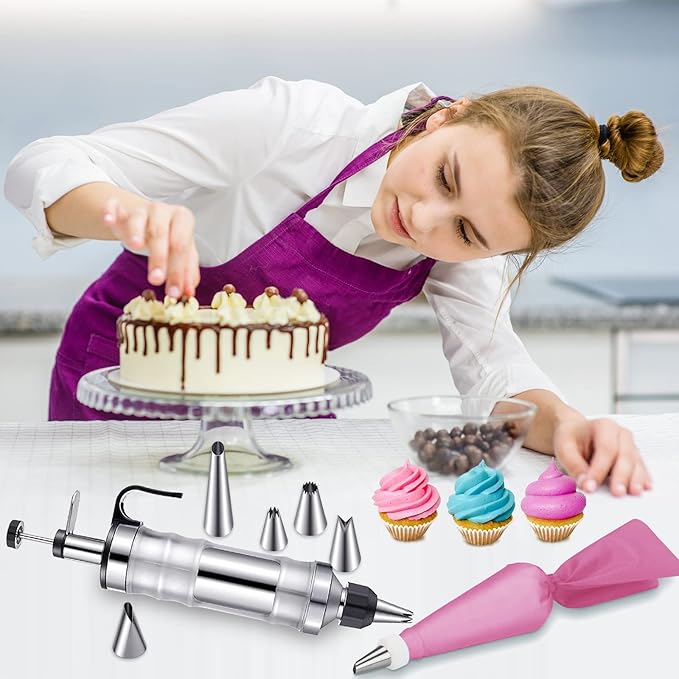 Dessert Cake Decorating Tools kit,Stainless Steel Frosting Piping Kit with 19 Icing Nozzles,3 Cream Scrapers,3 Nozzle Brush and 1 Reusable Pastry Bags,cupcake decorating kit