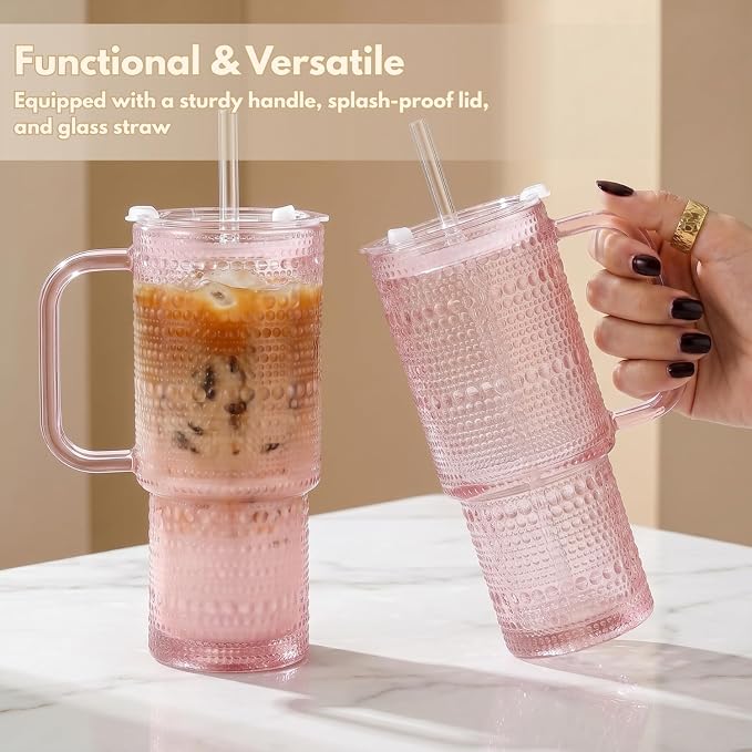 20 oz Pink Glass Tumbler with Lid and Straw, Glass Iced Coffee Cups, Spill-proof Glasses Tumbler with Handle, Glasses Drinking Set of 4, Vintage Glassware for Cocktail, Smoothies - Image 2