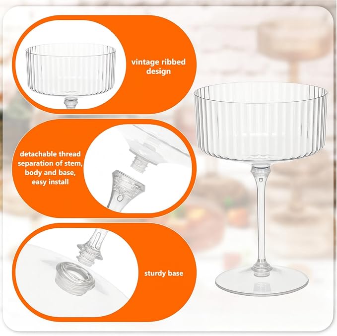 Jingmore 200 Pcs Ribbed Martini Glasses 10 oz Disposable Plastic Vintage Ribbed Coupe Glasses Unbreakable Dessert Parfait Glassware for Wedding Birthday Party Supplies (Clear) - Image 3