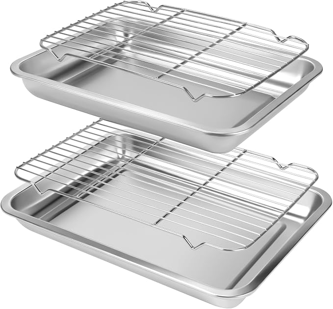 Baking Sheet with Rack Set, Stainless Steel Baking Sheet with Wire Rack Set - 2 Pans & 2 Racks, Oven Safe Baking Tray for Cookies, Bread, Pastries, and Roasting, 16x12x2 inch & 14x11x2 inch by Flantor