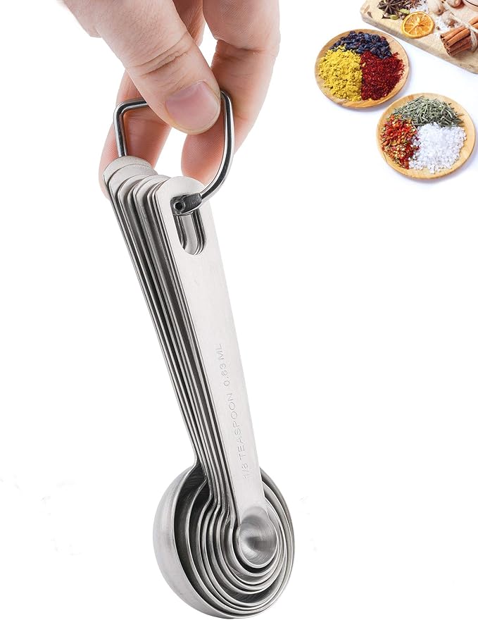 Measuring Spoons Set 9, 18/8 Metric & US Stainless Steel Measuring Spoons 1/8, 1/4, 1/2, 3/4, 1 tsp, 1/2, 2/3, 1 Tbsp, 4 Tsp. 1 Measurer Ingredient Leveler and 1 Locking Ring