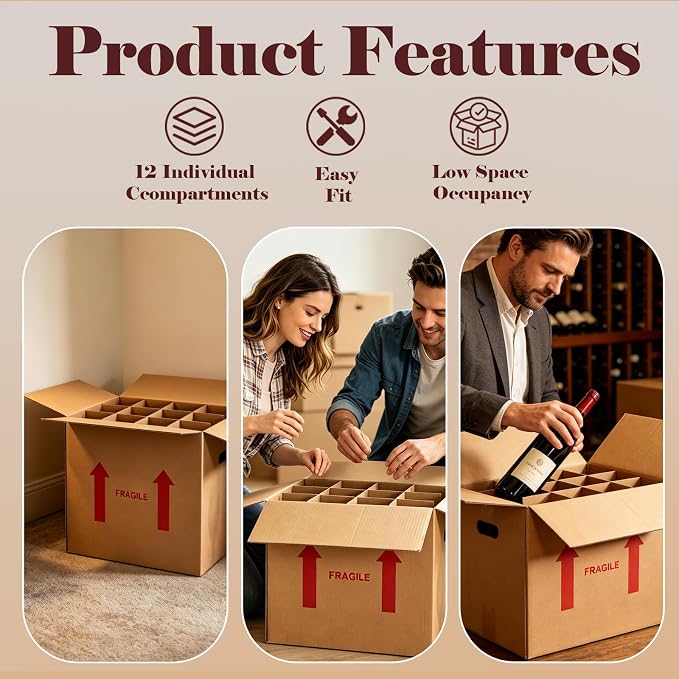 4 Sets Wine Boxes for Moving, 16 x 12 x 12 Inch Wine Bottle Moving Boxes with Reinforced Cardboard and Handles, Corrugated Boxes with Fragile Labels for Glassware, Moving, Packaging, Storage - Image 6