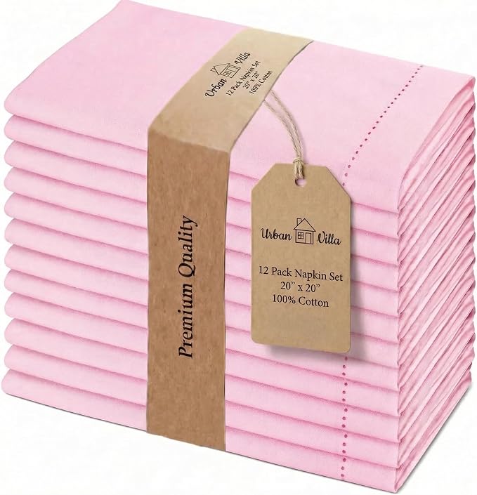 Urban Villa Hemstitch Cloth Dinner Napkins Cotton 20”x20” (Set of 12)-Pink by CottonTrends