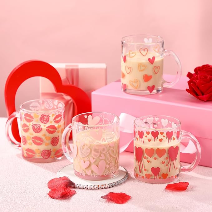 Tioncy 4 Pcs Valentines Heart Coffee Mugs 12 oz Heart Glass Cups with Handle Valentine's Day Pink Coffee Cup Sweet Love Gifts Drinking Mugs for Romantic Holiday Party - Image 2