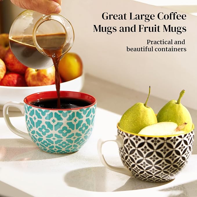DOWAN 24 OZ Boho Mosaic Soup Mugs with Handle, Large Coffee Mugs Set of 4 | Six Design! Large Ceramic Mugs for Soup/Coffee/Cereal/Latte, Thanksgiving and Housewarming Gifts for Family and Friends - Image 5